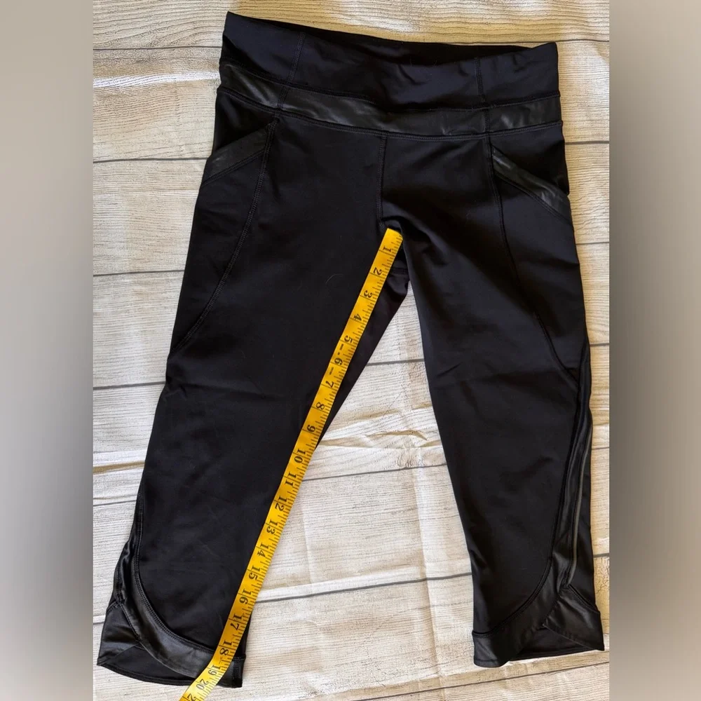 Lululemon Black Crop Leggings Size 8 Faux Leather Trim Zip Pocket Athletic - Picture 6 of 8